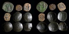Pick-bin: Roman & Byzantine Byzantine group (9 coins): includes Justin I follis, Constans II follis and half follis, Arab-Byzantine fals, Andronicus I trachy, Manuel I trachy, Isaac II trachies, and A
