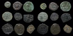 Pick-bin: Roman & Byzantine Byzantine group (9 coins): includes Justin I pentanummium, Maurice half follis, 2 Heraclius folles, Leo VI follis, Constans II follis, anon follis (Romanus IV), anon follis