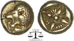 Greek IONIA, Miletos AR Obol.Ionia, Miletos AR Obol. Late 6th-early 5th century BC. Forepart of lion left, head reverted / Stellate pattern in incuse square. SNG Kayhan 462-75. 1,17 g. 9 mm.
