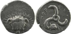 Greek Dynasts of Lycia. Perikles (c. 380-360 BC). AR 1/3 Stater Obv. Facing lion's scalp Rev. 'Perikles' in Lycian; triskeles; to left, laureate and draped facing bust of Apollo. SNG Copenhagen -. SNG