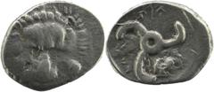 Greek Dynasts of Lycia. Perikles (c. 380-360 BC). AR 1/3 Stater Obv. Facing lion's scalp Rev. 'Perikles' in Lycian; triskeles; to left, laureate and draped facing bust of Apollo. SNG Copenhagen -. SNG