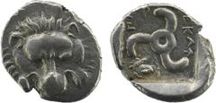 Greek Dynasts of Lycia. Perikles (c. 380-360 BC). AR 1/3 Stater Obv. Facing lion's scalp Rev. 'Perikles' in Lycian; triskeles; to left, laureate and bust of Apollo. SNG Copenhagen -. SNG von Aulock -.