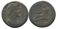 Roman Provincial Lydia. Tabala. Pseudo-autonomous issue circa AD 200-220. AE IЄPA CVN-KΛHT[O]C, youthful draped bust of the Roman Senate right Rev: TABAΛЄΩΝ ЄPMOC, river-god Hermos reclining left, hol