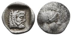 Greek Lycia, uncertain mint, ca. 440-380 BC, AR obol or 1/12 stater Within incuse square a head of Herakles wearing lion's skin right Helmeted head of Athena right SNG Lockett 2998 cf (diobol). RARE 1