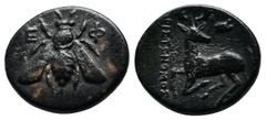 Greek Coins Ionia, Ephesos. c.390-320/00 BC. AE (14mm-2,01g). Ε-Φ Bee. / Stag kneeling left, head right; astragalos above. SNG Copenhagen 245-53. Very fine.