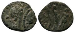 Roman Imperial Coins Honorius or Theodosius, 393-450 AD. Æ (12mm-1,78g). Uncertain mint. Pearl-diademed, draped, and cuirassed bust right; star behind. / Two emperors standing facing, each holding a s