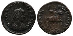 Roman Imperial Coins Honorius, AD 393-423, Æ Nummus (15mm-1.84g). Cyzicus,. D N HONORIVS P F AVG, pearl-diademed, draped and cuirassed bust right / GLORIA ROMANORVM, emperor on horseback to right, wit