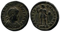 Roman Imperial Coins Mysia, Cyzicus. Theodosius I. 379-395 AD. Æ (18mm-6,25g). Struck AD 392-395. Pearl-diademed, draped, and cuirassed bust right / Theodosius standing right, holding labarum and glob
