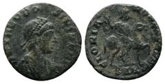 Roman Imperial Coins Theodosius I. 379-395 AD. Æ (15mm-1,39g). Cyzicus mint. DN THEODO-SIVS PF AVG. Diademed, draped, and cuirassed bust right / GLORIA ROMANORVM. Emperor on horseback right, extending