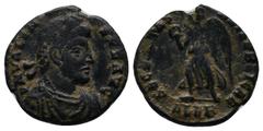Roman Imperial Coins Valentinian I, 364-375 AD. Alexandreia mint. Æ (15mm-2,18g). D N VALENTINIANVS P F AVG, diademed, draped and cuirassed bust right. / SECVRITAS - REI PVBLICAE. Victory advancing le