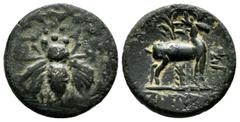 Greek Coins Ionia, Ephesos, late 2nd-early 1st century BC. AE (18mm, 3.41g) Iopyros, magistrate. Bee in wreath. R/ Stag standing r. before palm tree; monogram to r. SNG Copenhagen 302 var. (monogram).