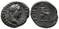 Roman Imperial Coins Vitellius, AD 69. AR Denarius (18mm-3.37g). Rome. Struck c.late April-20 December. A VITELLIVS GERM IMP AVG TR P Laureate head of Vitellius to right. / PONT MAXIM Vesta seated to 