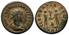 Roman Imperial Coins Numerian, AD 283/284. AE (20mm, 4.09g). Cyzicus. IMP C NVMERIANVS P F AVG, radiate, draped and cuirassed bust right / CLEMENTIA TEMP, Numerian standing right, holding sceptre and 