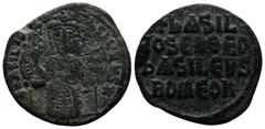 Byzantine Coins Basil I. 867-886 AD. AE Follis, (24mm-4,67g). Constantinople. + BASILIOS bASILEVS ✱. Basil enthroned facing, wearing crown and loros, holding labarum and akakia. / + bASIL / IOS Eh ΘΕΟ