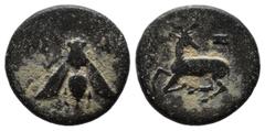 Greek Coins Ionia, Ephesos. 394-295 BC. Æ (14mm, 2.22g). E-Φ AΡIΣTONOMOΣ. Bee with straight wings. / Stag recumbent left, head right; astragalos above. Unpublished with this magistrate for this revers