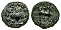 Greek Coins Ionia, Ephesos. 48-27 BC. Menan, magistrate. Æ (13mm, 3.19g). E-Φ to left and right of bee, all within wreath. / Stag standing right, long torch in background, TAN monogram at upper left, 