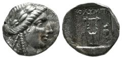 Greek Coins Lycia, Olympos. Pseudo-League Coinage. ca.167-81 BC. AR Hemidrachm (14mm, 2.43g). Laureate head of Apollo right / OΛYMΠ, Lyre; palm branch and trophy in field. Troxell 45.