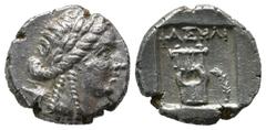 Greek Coins Lycia, Phaselis. ca.167-100 BC. AR Drachm (14mm, 3.11g). Laureate head of Apollo right, bow and quiver over shoulder / Kithara, ΦAΣHΛI above, palm to right; all within shallow incuse squar