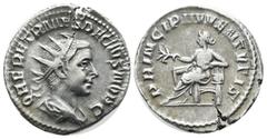 Roman Imperial Coins Herennius Etruscus, AD.249-251. AR Antoninianus (22mm, 3.26g). Rome. Q HER ETR MES DECIVS NOB C. Radiate and draped bust right. / PRINCIPI IVVENTVTIS. Apollo seated left on throne