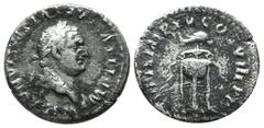 Roman Imperial Coins Titus, AD.79-81. AR Denarius (17mm, 2.92g). Rome. IMP TITVS CAES VESPASIAN AVG P M. Laureate head right. / TR P IX IMP XV COS VIII P P. Dolphin set on tripod with fillets. RIC II 