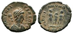 Roman Imperial Coins Arcadius, AD.383-408. Æ Half Centenionalis (14mm, 1.57g). Cyzicus mint, 1st officina. D N ARCADI-VS P F AVG. Pearl-diademed, draped and cuirassed bust right. / GLORI-A ROMA-NORVM.