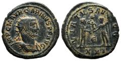 Roman Imperial Coins Carinus, AD.283-285. Æ Antoninianus (20mm, 4.14g). Cyzicus mint, 5th officina. IMP M AVR CARINVS P F AVG. Radiate, draped and cuirassed bust right. CLEMENTIA - TEMP. Emperor stand