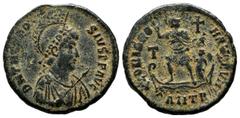 Roman Imperial Coins Theodosius I. AD.379-395. Æ (23mm, 5.26g). Antiochia mint, 2nd officina. D N THEODO-SIVS P F AVG. Diademed, helmeted, draped and cuirassed bust of Theodosius I right. / GLORIA RO-