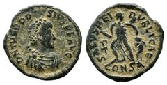 Roman Imperial Coins Theodosius I. AD.379-395. Æ Nummus (14mm, 0.96g). Constantinople mint, 1st officina. DN THEODO-SIVS PF AVG. Pearl-diademed, draped, cuirassed bust right. / SALVS REIPVBLICAE. Vict