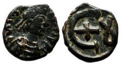 Byzantine Coins Justinian I. AD.527-565. Æ Pentanummium (14mm, 1.98g). Theoupolis (Antioch). D N IVSTINIANVS P P AVC. Diademed, draped and cuirassed bust right. / Large Є with cross within; in right f