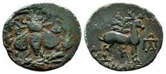 Greek Coins Ionia. Ephesos, circa 202-133 BC. Apollonios, magistrate. AE (18mm, 2.27g). Ε - Φ. Bee within wreath / ΑΠΟΛΛΩΝΙΟΣ. Stag standing right; in background, palm tree; in right field, monogram. 