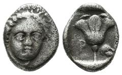 Greek Coins Islands off Caria, Rhodos. Rhodes. Circa 408/7-390 BC. AR Hemidrachm (13mm, 1.62g). Head of Helios facing slightly right / Rose; P-[O] flanking stem, helmet to right; all within incuse squ