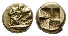 Greek Coins Mysia, Kyzikos. Circa 500 BC. EL Hemihekte - 1/12 stater (8mm, 1.32g). Herakles right wrestling the Nemean lion / Quadripartite incuse square. Cf.Von Fritze 161 (1/6 stater), cf.Boston MFA