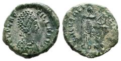 Roman Imperial Coins Aelia Flaccilla, wife of Theodosius I. Augusta, AD.379-386/8. AE (12mm, 1.52g). Constantinople mint. AEL FLAC-CILLA AVG. Diademed and draped bust right. / SALVS REI - PVBLICAE. Vi