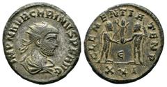 Roman Imperial Coins Carinus, AD 283-285. Antoninianus (20mm, 3.31g). Cyzicus, AD 283-285. IMP M AVR CARINVS P F AVG, radiate, draped and cuirassed bust right / CLEMENTIA - TEMP, emperor standing righ