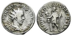 Roman Imperial Coins Hostilian, AD 251. AR Denarius (20mm, 3.56g). Rome. C VALENS HOSTIL MES QVINTVS NC, radiate, draped bust right / PRINCIPI IVVENTVTIS, Hostilian standing left, holding spear & stan