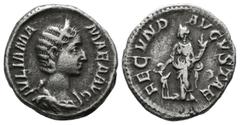 Roman Imperial Coins Julia Mamaea, Augusta, AD 222-235. AR Denarius (18mm, 2.77g). Rome, AD 232. IVLIA MAMAEA AVG Diademed and draped bust of Julia Mamaea to right / FECVND AVGVSTAE Fecunditas standin