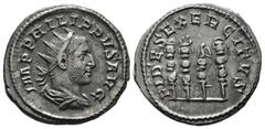 Roman Imperial Coins Philippus Arabs, AD 244-249. AR Antoninianus (22mm, 3.93g). Rome. IMP PHILIPPVS AVG, Radiate, draped and cuirassed bust right / FIDES EXERCITVS, Aquila (legionary eagle) flanked b