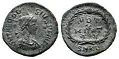 Roman Imperial Coins Theodosius I. AD.379-395. AE (15mm, 0.95g). Cyzicus mint, 3rd officina. Struck August AD 378-August AD 383. Diademed and draped bust right / VOT / X / MVLT / XX in four lines; all