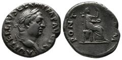 Roman Imperial Coins Vitellius, AD 69. AR Denarius (18mm-3.37g). Rome. Struck c.late April-20 December. A VITELLIVS GERM IMP AVG TR P Laureate head of Vitellius to right. / PONT MAXIM Vesta seated to 