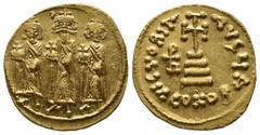 Byzantine Coins Heraclius, with Heraclius Constantine and Heraclonas, 610-641. AV Solidus (19mm, 4.54g), Constantinople, 639-641. Heraclonas, wearing cap with cross above, and Heraclius and Heraclius,