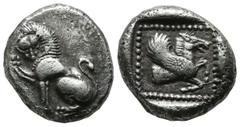 Greek Coins Dynasts Of Lycia. Uncertain. Circa 490/80-440/30 BC. AR Stater (19mm, 9.08g). Lion seated left, raising right paw / Forepart of Pegasos right in dotted square within incuse square. Falgher