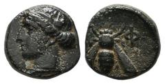 Greek Coins Ionia, Ephesos, c.375-325 BC. AE (10mm, 1.34g). Head of Artemis left, wearing stephane. / E - Φ. Bee. SNG von Aulock 1839; SNG Copenhagen 256; BMC 68.