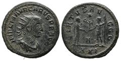 Roman Imperial Coins Carus. AD 282-283. AE Antoninus (20mm, 3.85g). Cyzicus. IMP C M AVR CARVS P F AVG, radiate, draped, and cuirassed bust right / CLEMENTIA dot TEMP, Carus in militar garb standing r