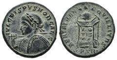 Roman Imperial Coins Crispus, as Caesar. AE Nummus (18mm, 3.66g). Treveri (Trier), AD 322. IVL CRISPVS NOB CAES, laureate and cuirassed bust left, holding spear and shield / BEATA TRANQVILLITAS, globe
