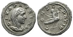 Roman Imperial Coins Diva Paulina, died before 235. AR Denarius (19mm, 3.18g). Rome. DIVA PAVLINA, Veiled and draped bust of Diva Paulina to right / CONSECRATIO, Diva Paulina, raising right hand and h