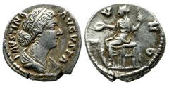 Roman Imperial Coins Faustina Junior, wife of Marcus Aurelius. Augusta 145-175/6 AD. AR Denarius (18mm, 3.31g). Struck under Marcus Aurelius, circa 161 AD. Draped bust right / Juno seated left, holdin