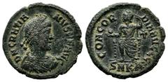 Roman Imperial Coins Gratian, AD 378-383. AE Nummus (19mm, 2.42g). Cyzicus. D N GRATIANVS P F AVG, pearl diademed, draped, cuirassed bust right / CONCORDIA AVGGG, Roma, helmeted, seated facing, head l