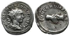 Roman Imperial Coins Herennius Etruscus. As Caesar, AD 250-251. AR Antoninianus (22mm, 3.19g). Rome, struck AD 251. Q HER ETR MES DECIVS NOB C, radiate and draped bust right / CONCORDIA AVGG, clasped 
