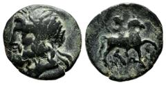 Greek Coins Lycia, Choma. 1st century BC. AE (15mm, 2.93g). Laureate head of bearded Zeus left. / Horseman in military attire riding right, his right hand raised, ΧΩM below horse. SNG vAulock 4287; Mü