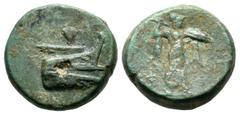 Greek Coins Lycia, Phaselis. Circa 190-167 BC. AE (15mm, 4.85g). Prow of galley right; above, Nike flying right, holding wreath / Athena Promachos advancing right, brandishing spear and holding shield